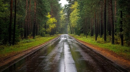 Sticker - Wet asphalt road through a dense forest after a rain shower