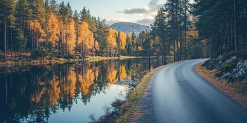 Sticker - Winding Road Through Autumnal Forest with Reflective Water