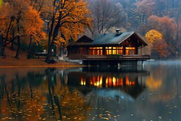 Wall Mural - Serene Cozy Log Cabin by the Lake in Autumn Forest with Warm Lights Reflecting on Calm Water - Idyllic Cabin Retreat with Misty Morning Atmosphere and Vibrant Fall Foliage