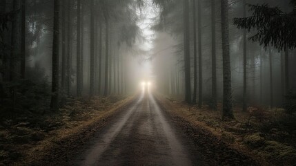 Sticker - A Foggy Forest Path Leading Towards a Distant Light