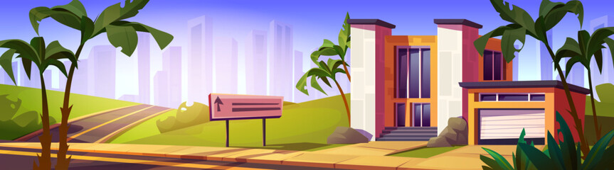 Wall Mural - Modern suburban mansion against cityscape background. Vector cartoon illustration house with garage with palm trees in garden, signboard on highway to big city, skyscraper silhouettes, real estate