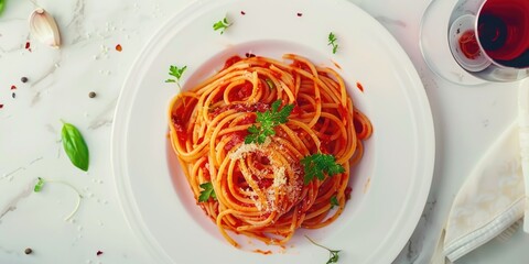 Wall Mural - Italian Spaghetti Pasta Cooked in Red Wine with Bay Leaves Garlic and Parsley on a White Table Unique Traditional and Straightforward Pasta Recipe from Italy Original Pasta with Barolo Wine