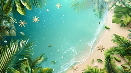 Canvas Print - Bright tropical island frame with palm trees and beach elements on a blue background