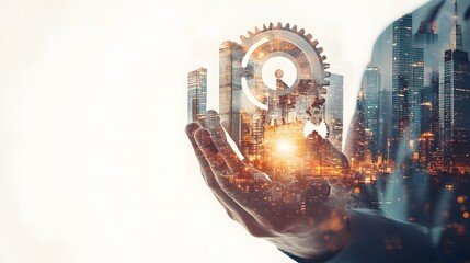 Close-up of a businessman's hand holding abstract cogs, with a city skyline in the background. The double exposure