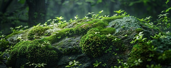 Soft green moss covering a rock, 4K hyperrealistic photo