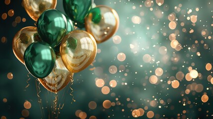 Elegant happy birthday greeting card with green and golden balloons floating against a sparkling background, perfect for festive and celebratory articles