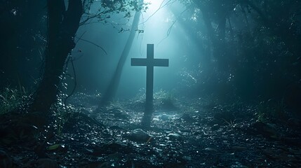 Wall Mural - Illuminated Cross in Dark Mysterious Forest Spiritual Landscape