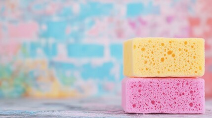 Two vibrant cleaning sponges are stacked on a soft pastel backdrop, adding color and functionality to any cleaning task