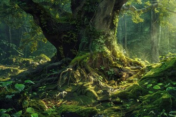 Naklejka na meble Ancient Tree Roots and Lush Forest Floor