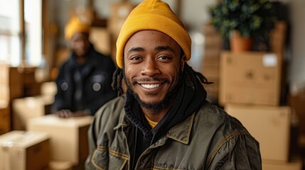 Young Man Smiling in Casual Attire at a Warehouse Full of Boxes