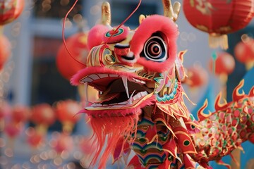 A colorful Chinese dragon head used in a festival celebration, surrounded by lanterns and festive decorations.