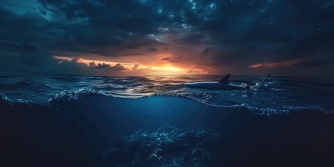 Poster - Mysterious Seascape with Shark Swimming Under Dark Sky