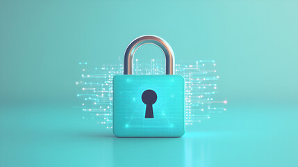 Abstract cyber security concept with a padlock icon network data and dynamic lines on a light blue background