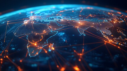 Visual of global air travel networks with a digital world map, highlighting major flight paths and airports with luminous connections