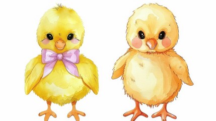 Canvas Print - Adorable duckling and chicken, both sporting cute bows, captured in a charming watercolor style. Perfect for kids designs