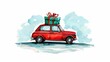 © CrazyJuke - A festive gift box placed on a car, beautifully illustrated in watercolors, perfect for the holiday spirit and seasonal cheer.
