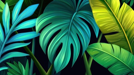 Wall Mural - Vivid dark green palm leaves on a rich backdrop, evoking a lush tropical vibe. Perfect for modern design themes.