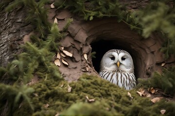 looking curiously park out hidden tree national hole ural forest owl germany bavarian bird animal strix uralensis avian trunk perch wood cave nature fauna outside adult1 single closeup portrait