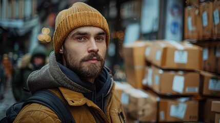 Young Man With a Beard Wearing a Beanie in a Busy Urban Environment