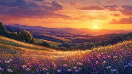 Golden Hour Majesty: A breathtaking sunset paints the sky in hues of gold and lavender, casting a warm glow over rolling hills, wildflowers, and distant mountains.  