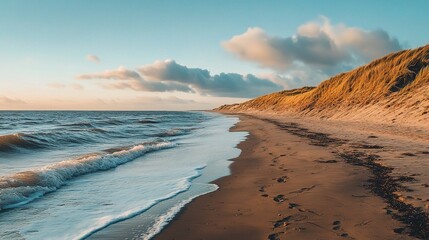 Wall Mural - Serene Sunset Beach: Tranquil Beach Scene with Golden Sands, Foamy Waves, and Dramatic Clouds at Sunset 