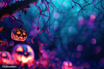 Sticker -  Captivating scene of Halloween with carved pumpkins hanging from tree branches in a dreamlike, colorful forest setting.