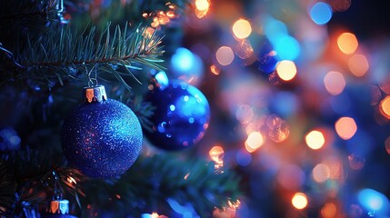 Blue Christmas Sparkle: Shimmering blue ornaments take center stage against a backdrop of twinkling lights on a Christmas tree, evoking the magic and warmth of the holiday season.