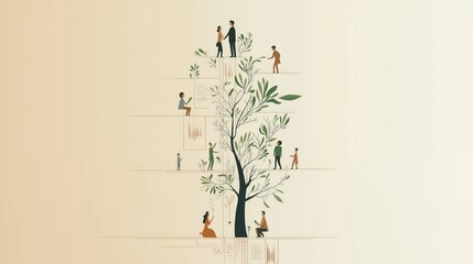 illustration of a tree with people interacting, symbolizing growth, community, and connection in a s