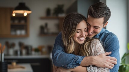 Young couple hugging in their new home, Engaged couples celebrate by hugging each other happily.