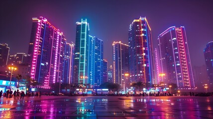 Canvas Print - Vibrant Nighttime City Skyline with Colorful Illuminated Skyscrapers and Lively Urban Scene