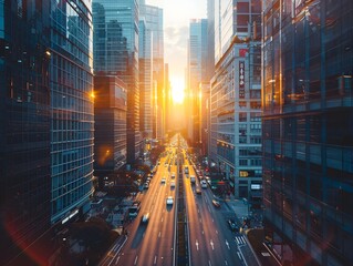 Poster - Bustling City Skyline at Glowing Sunset with Glass Skyscrapers and Busy Streets Below