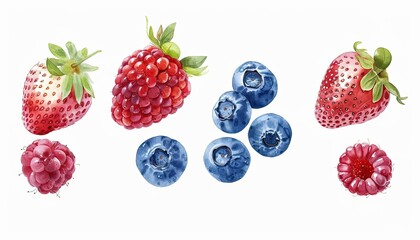 Wall Mural - Watercolor Illustration of Strawberries, Raspberries, and Blueberries