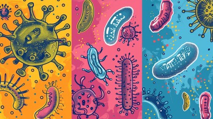 Wall Mural - Editable hand-drawn microbes design set isolated on color background - vector illustration of bacteria and microorganisms for educational, scientific, and medical use - 8 eps files included


