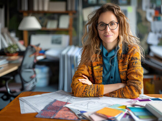 Wall Mural - Professional portrait of a business woman, casual attire with a creative twist, office background. Startup and small business entrepreneur with happiness and business growth feeling working success