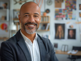 Professional portrait of a business man with a creative twist, vibrant office environment. Startup and small business entrepreneur with happiness and business growth feeling working success