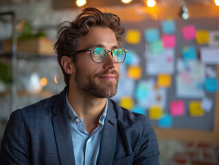 Wall Mural - Professional portrait of a business man with a creative twist, vibrant office environment. Startup and small business entrepreneur with happiness and business growth feeling working success