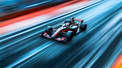 se-up of a racing car in action, with the driver speeding down the track and the background rendered in a dramatic motion blur to emphasize the rapid movement.