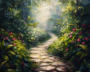 Poster - Lush Enchanted Garden Path With Blooming Flowers and Soft Lighting in Oil Painting Style