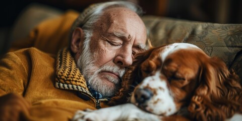 Canvas Print - A man and his dog sleep peacefully together. AI.