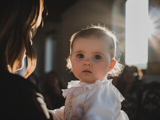 Canvas Print - A baby girl looks up at her mother with big, curious eyes. AI.