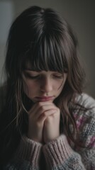 Wall Mural - A woman with dark hair sits with her hands clasped in front of her, looking down. AI.