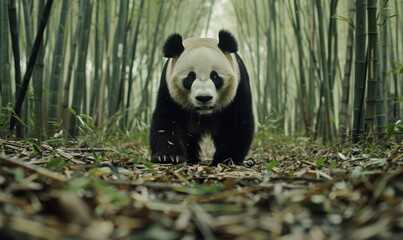 Canvas Print - A panda walks through a bamboo forest. AI.