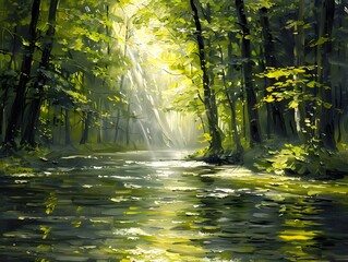 Wall Mural - Serene Forest River with Sunlit Foliage and Tranquil Flowing Waters Oil Painting Landscape