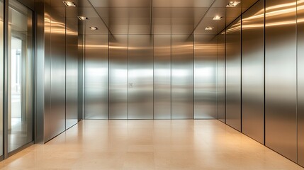 Canvas Print - Modern Elevator Interior with Stainless Steel Walls and Marble Floor.