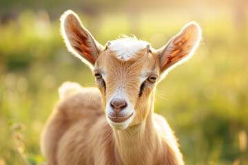 Wall Mural - Goat kid in sunny meadow