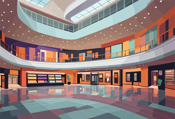 Wall Mural - A large shopping mall, outlet with second floor and glass celling. The mall is brightly lit and has a modern design. Vector illustration.	