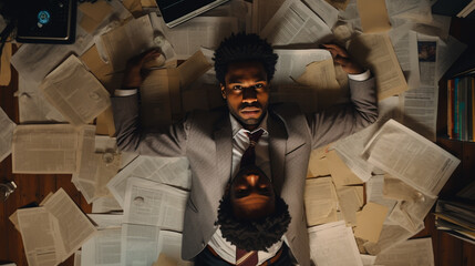 portrait of young businessman laying on floor in office while hard working , copy space