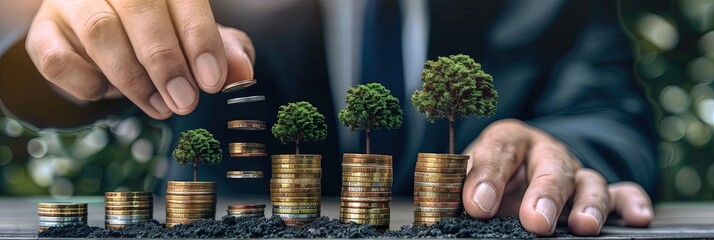 growing wealth concept with hand placing miniature trees on coin stacks