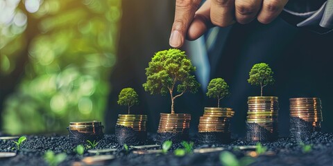 growing wealth concept with hand placing miniature trees on coin stacks