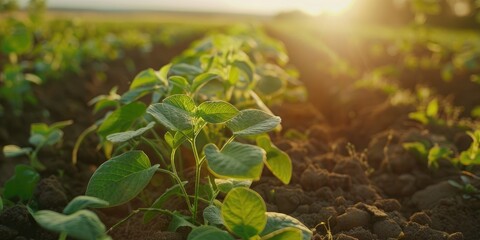 Close up of green young soybean plants growing in soil on an agricultural field with the setting sun in the background Sustainable soybean farming Agricultural landscape